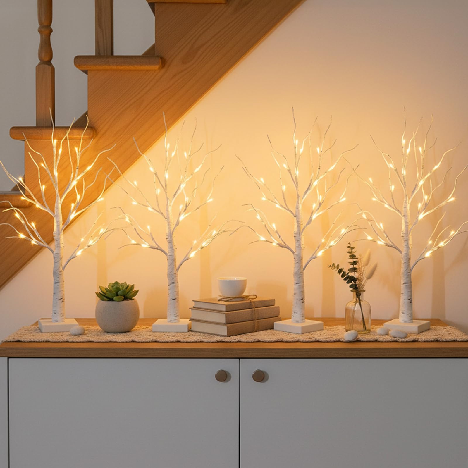 EAMBRITE birch tree lit with battery or USB power for versatile placement.