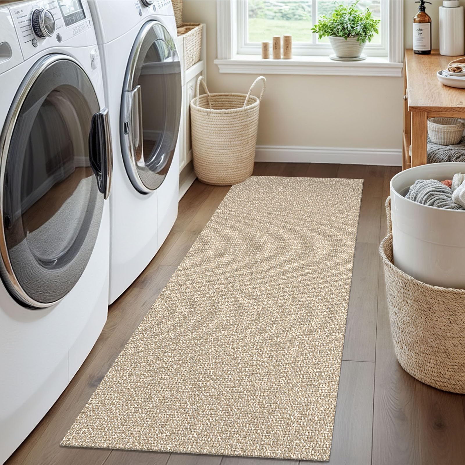 EARTHALL 2x5-foot rug; delicate-cycle care for easy maintenance.