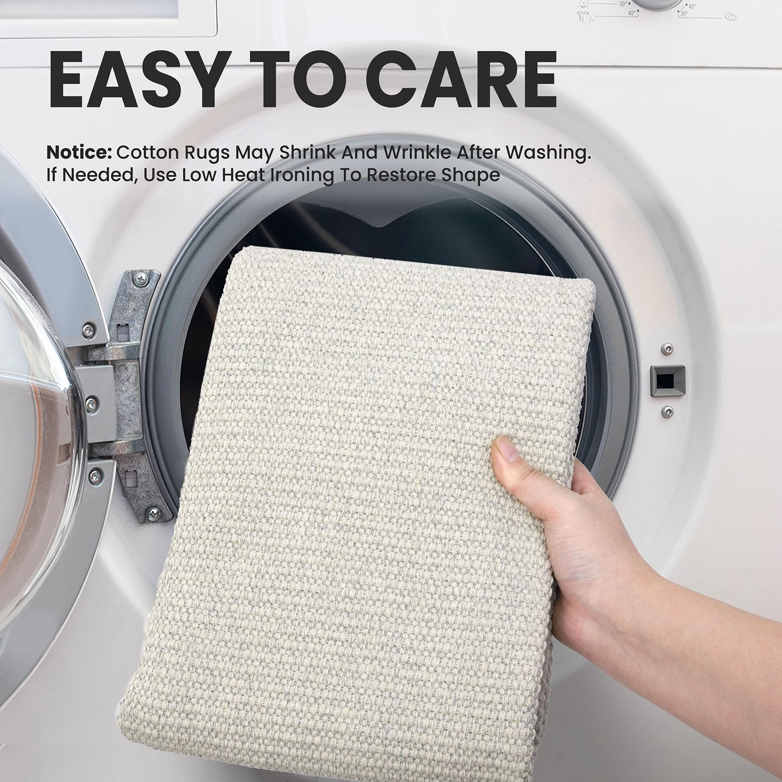 Earthall machine washable rug; easy care on delicate cycle.