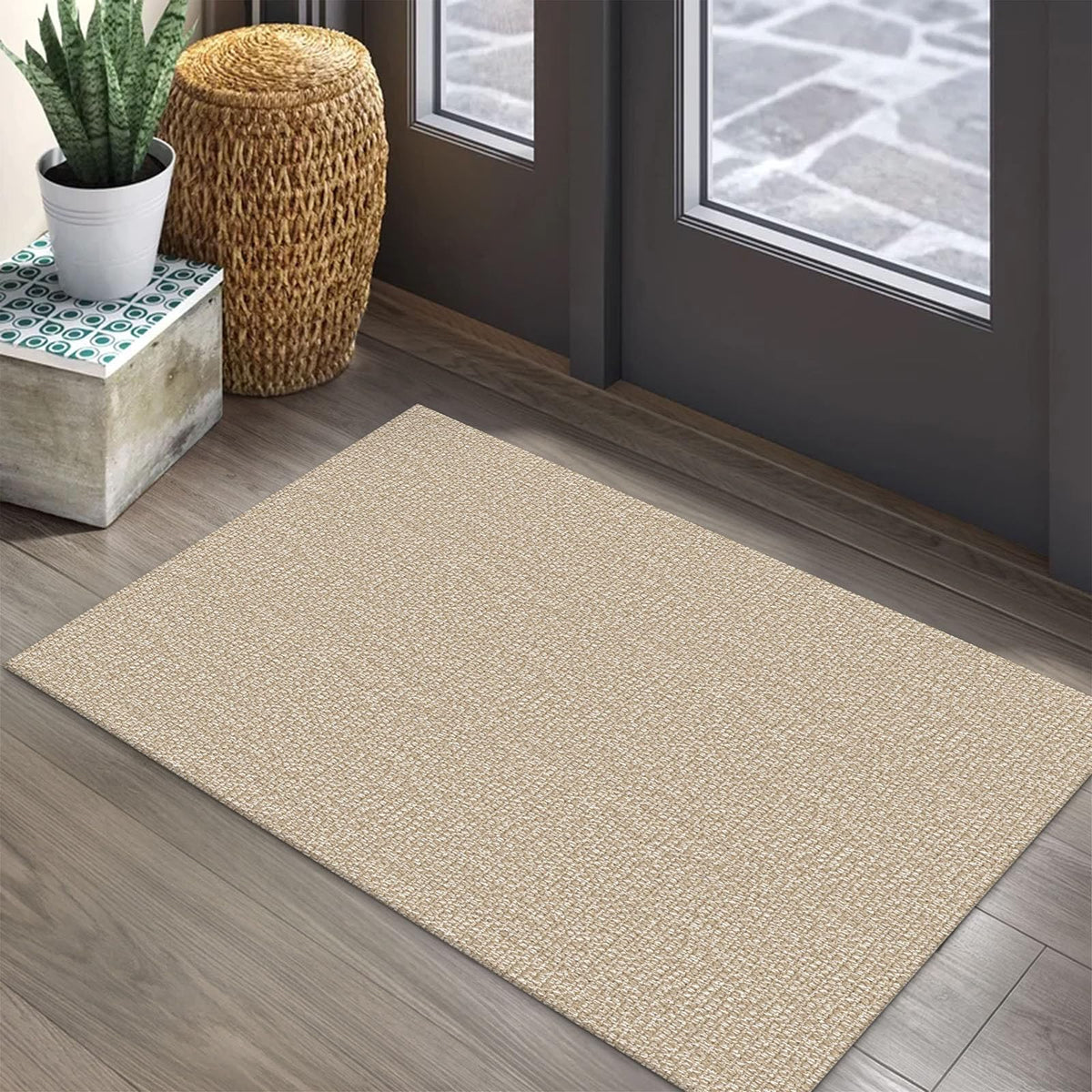 EARTHALL 2x3 front door rug in sand beige adds warm entry and easy cleaning