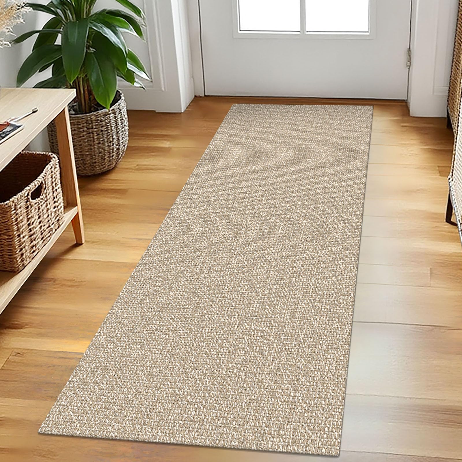 EARTHALL washable runner rug in beige-sand tones, ideal for warm hallways and easy cleaning.