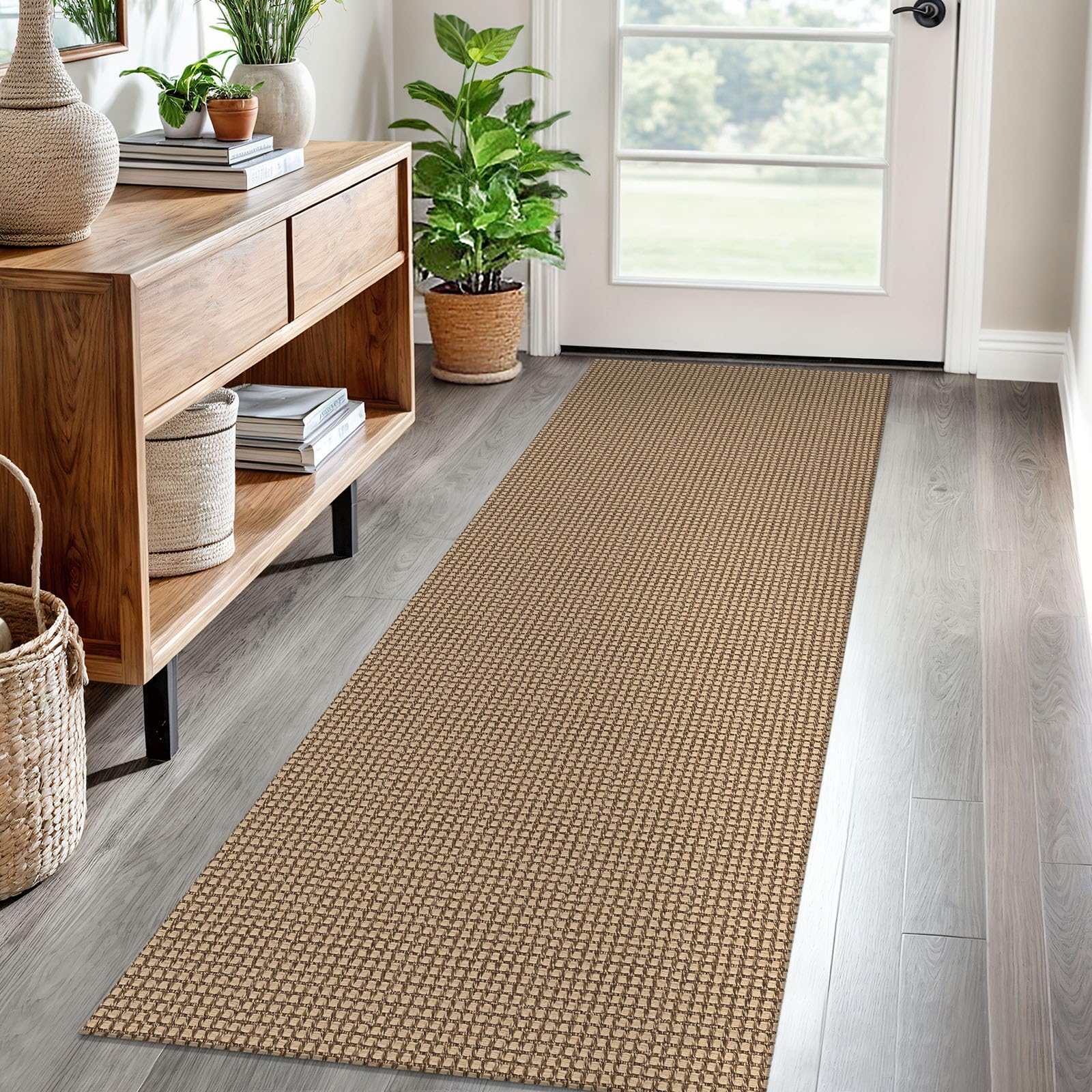 EarthAll woven runner rug 2x6ft in orange-tan-brown for hallway warmth and non-slip safety.