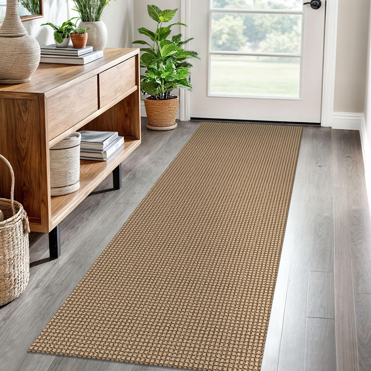 EarthAll woven runner rug 2x6ft in orange-tan-brown for hallway warmth and non-slip safety.
