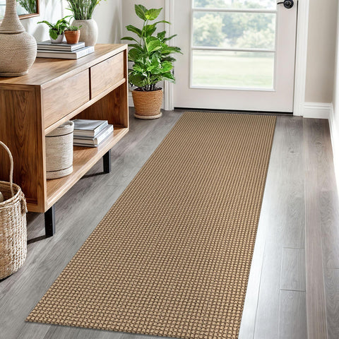 EarthAll woven runner rug 2x6ft in orange-tan-brown for hallway warmth and non-slip safety.