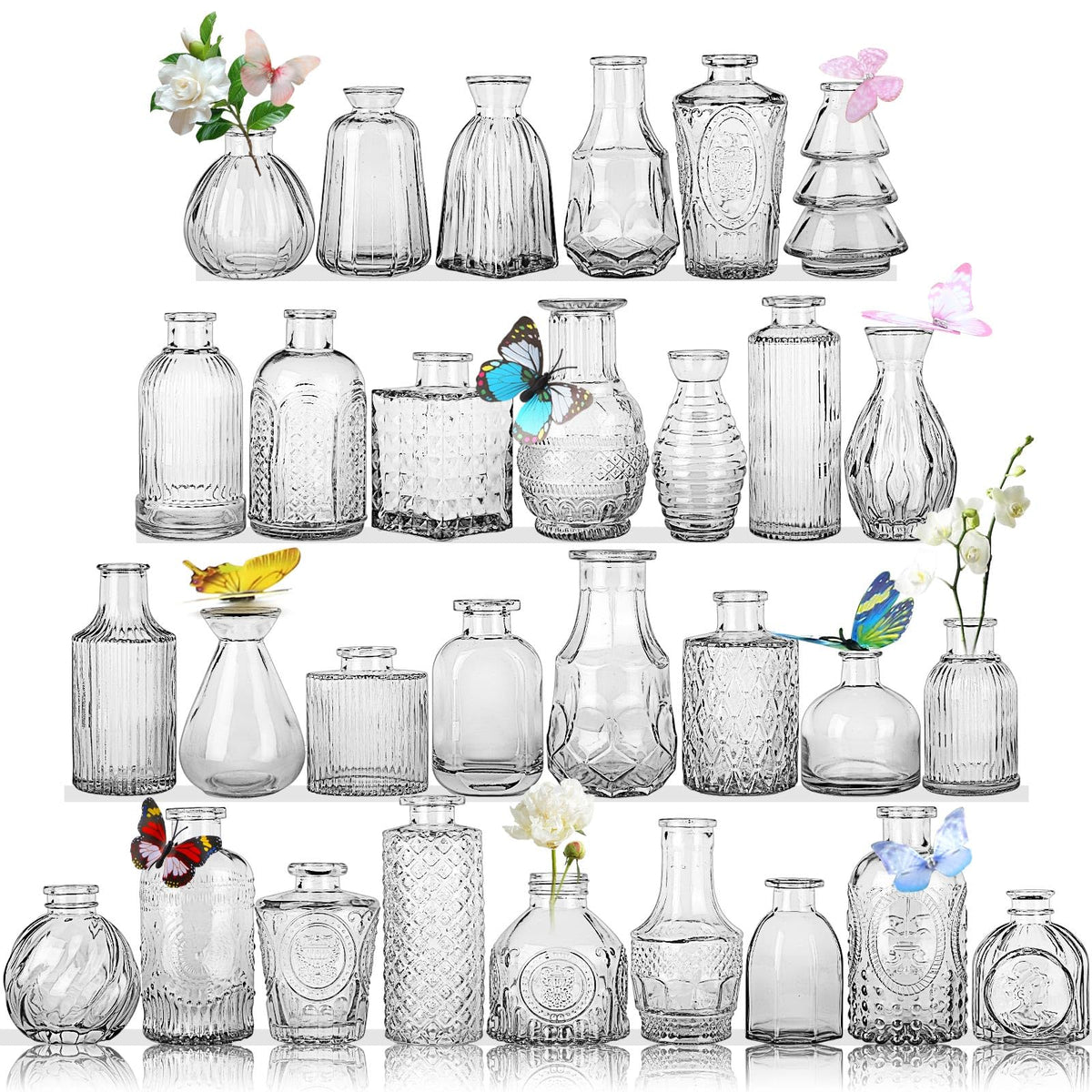 EarthGadgets glass bud vases lineup for elegant wedding centerpieces.