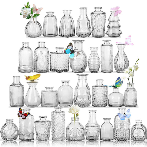 EarthGadgets glass bud vases lineup for elegant wedding centerpieces.