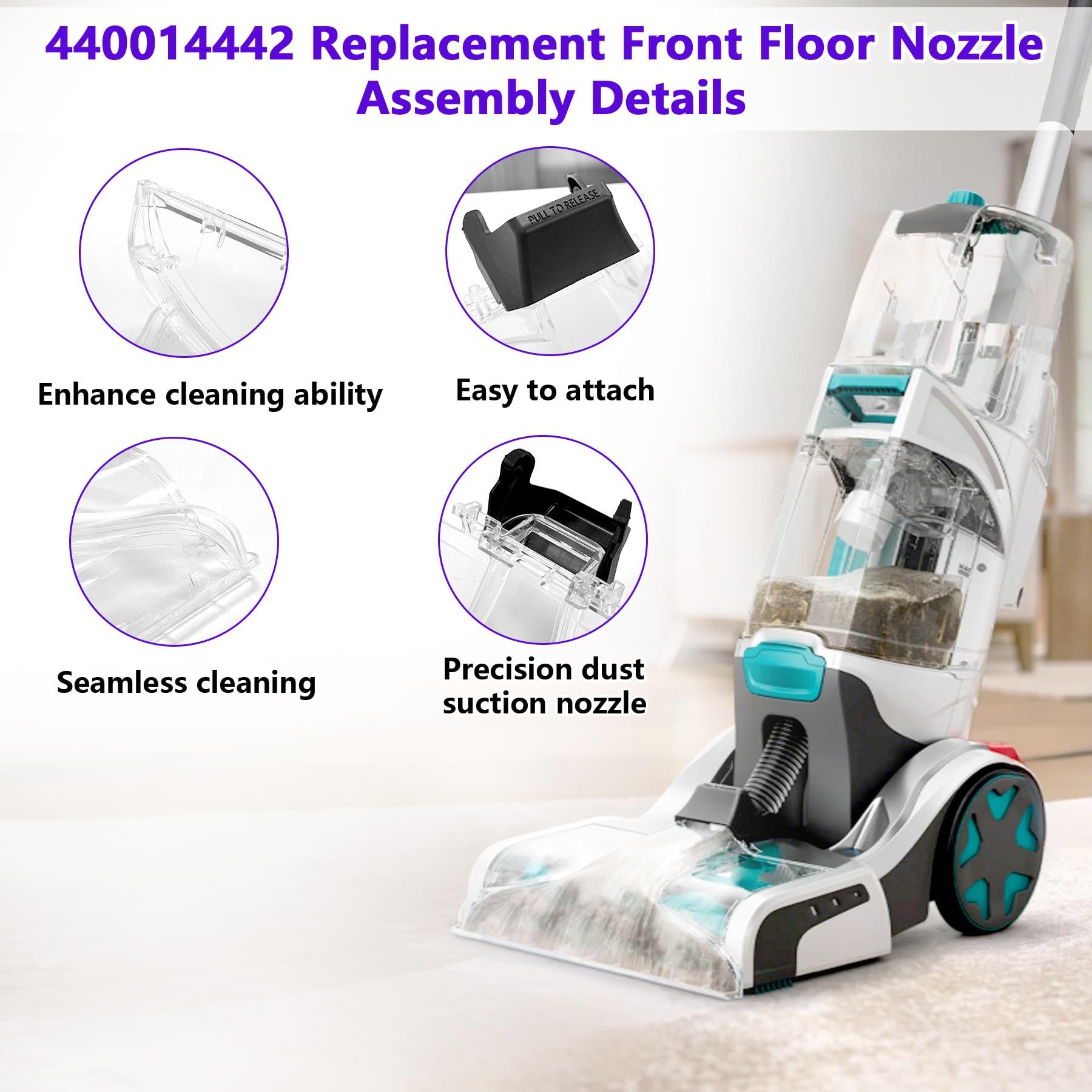Earthtec edge-clean-design front nozzle; reaches corners for thorough cleaning.