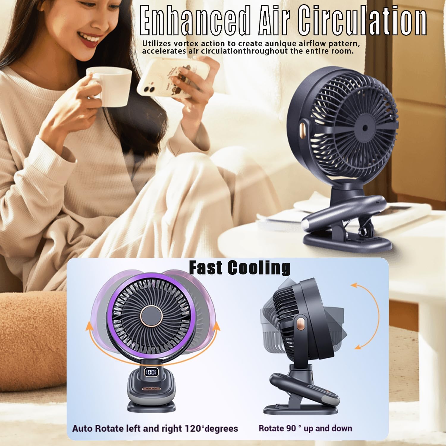 Earthuses desktop clip-on fan clipped to a desk for flexible cooling.
