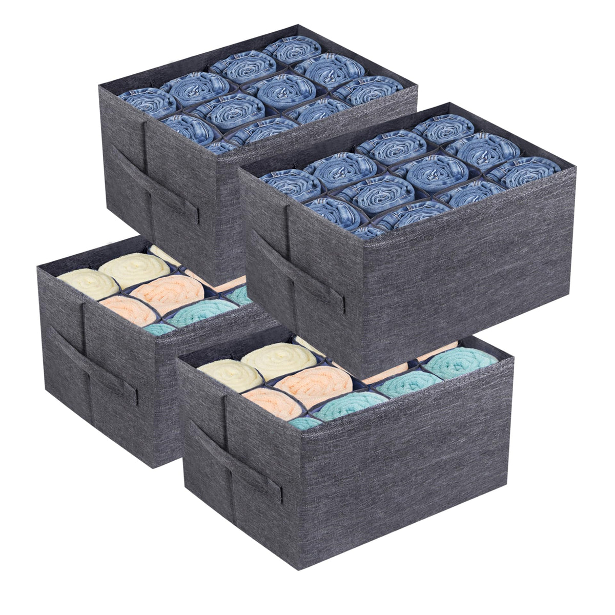 EASEVE 4Pcs closet organizers with 12-cell drawers organize jeans and shirts in a tidy closet.