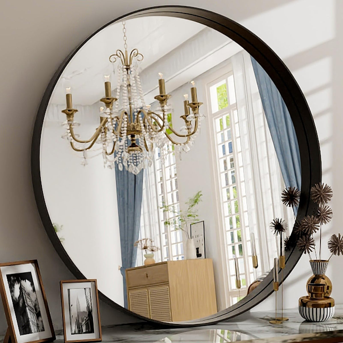 Easly 24-inch round mirror with black metal frame, front view ideal for bathroom clarity