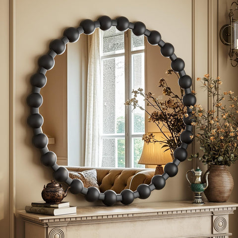 Easly black beaded round mirror closeup highlights craftsmanship and stylish detail for baths.