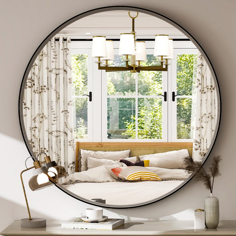 Easly wall-mounted round mirror with visible hardware and secure installation