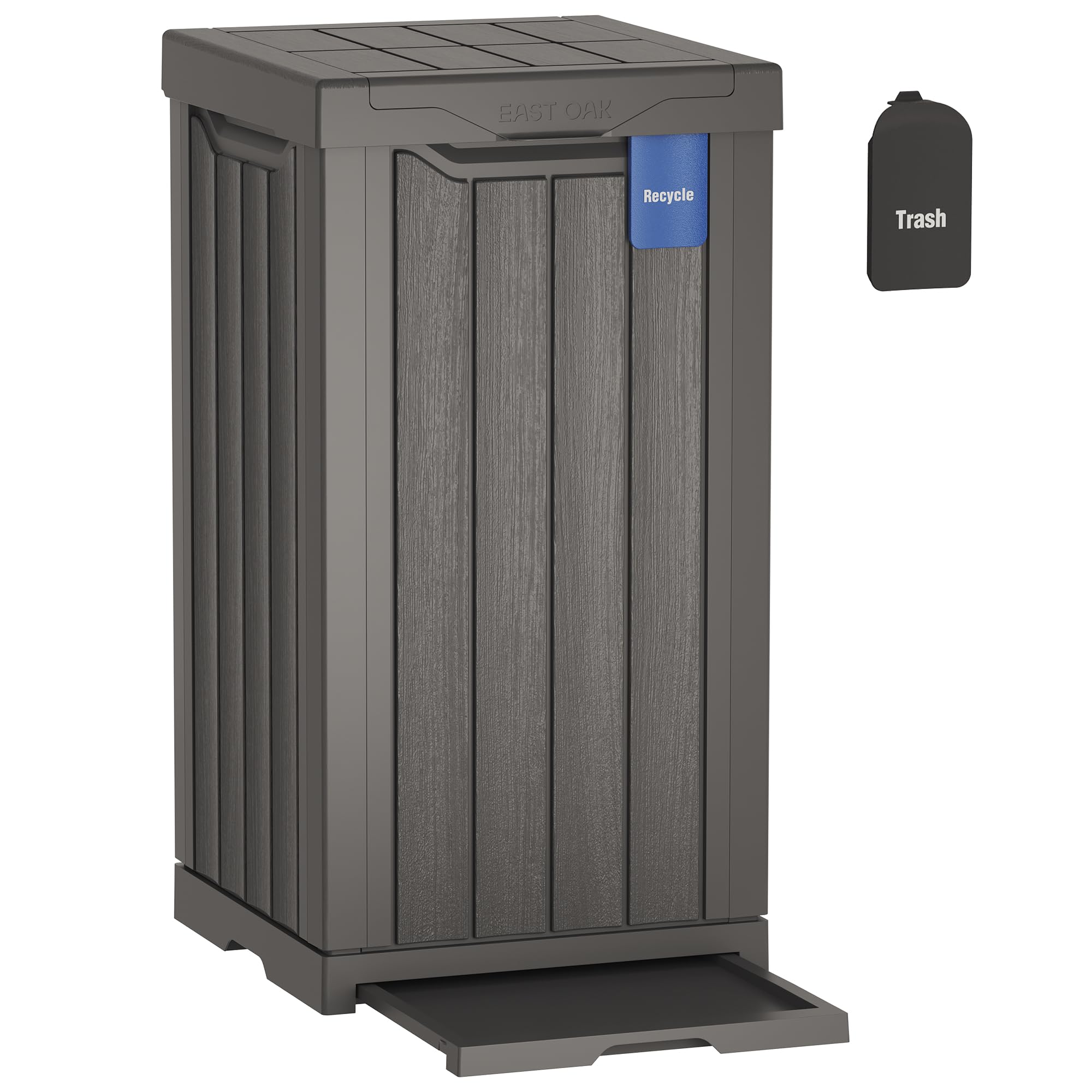 East Oak 31-gallon outdoor trash can front view with durable resin panels for outdoor use