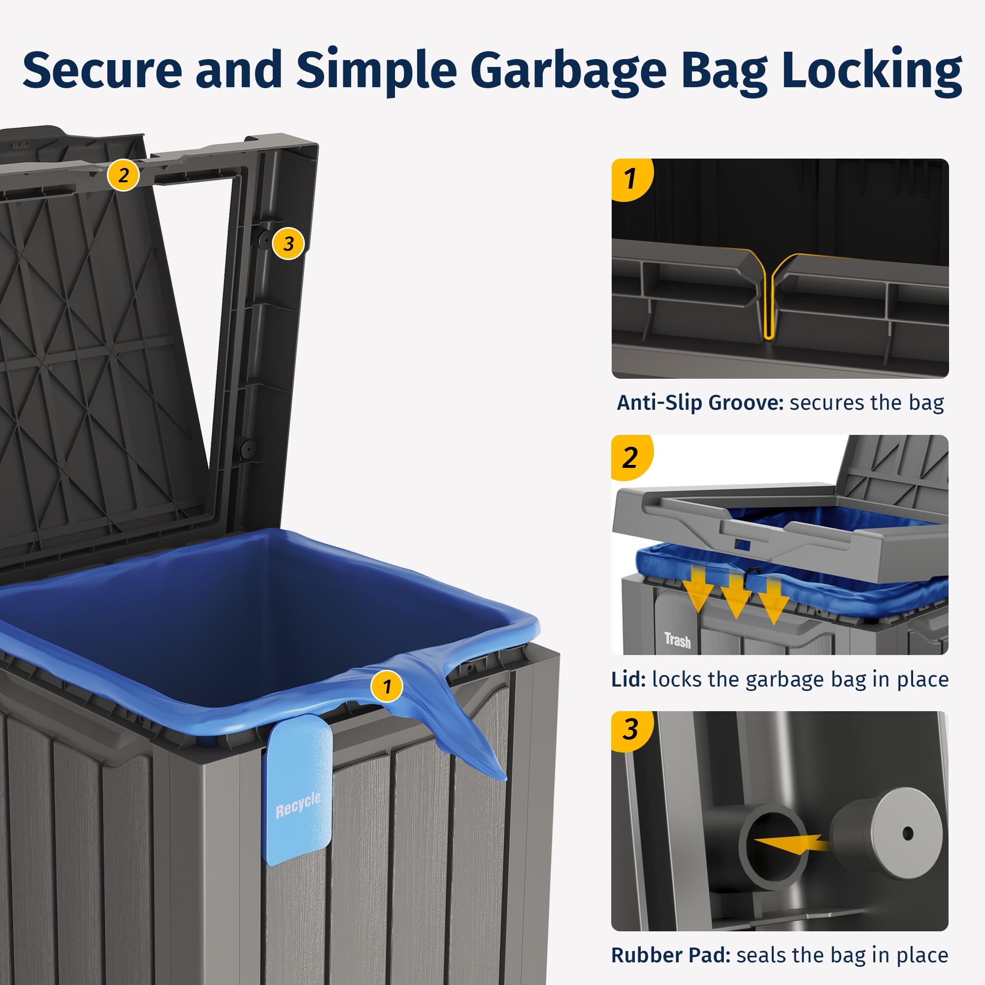 East Oak trash can lid-open showing double lid and secure bag lip