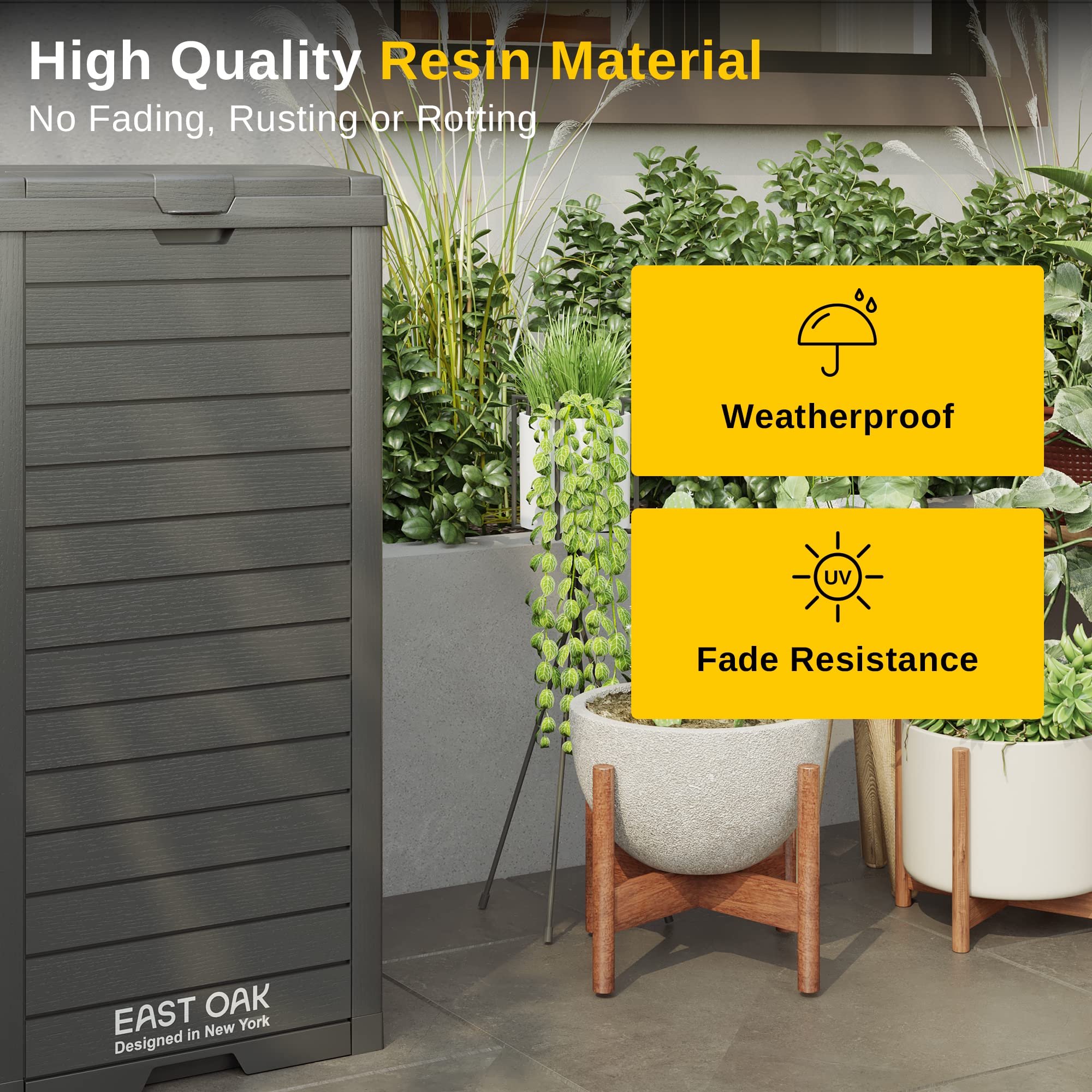 EAST OAK waterproof resin material demonstrating weatherproof strength