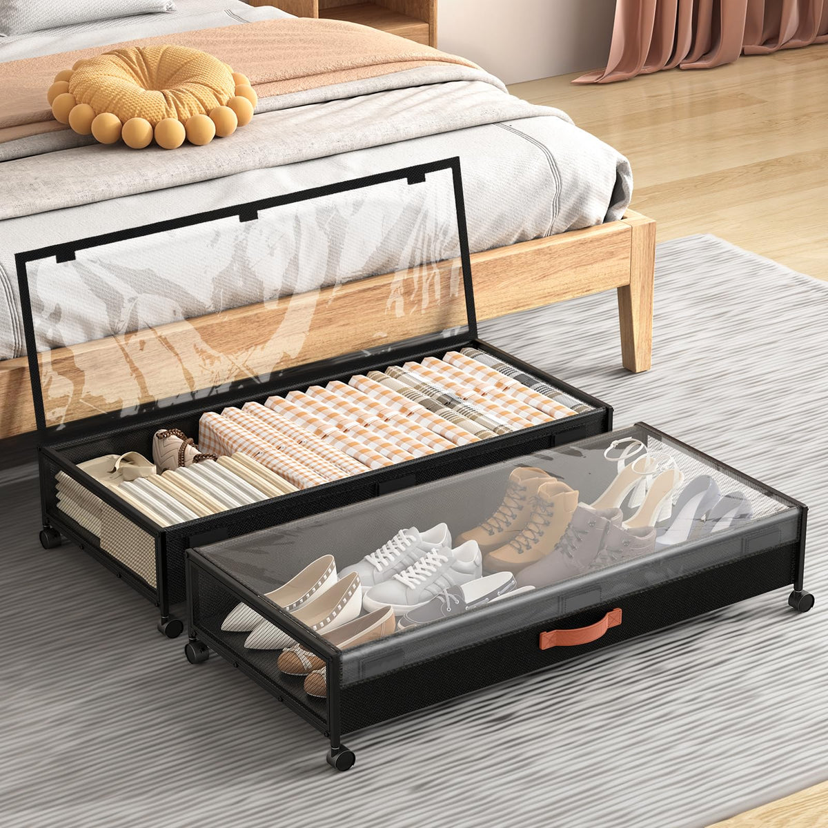 Eastherry under bed storage with wheels ready for quick access.
