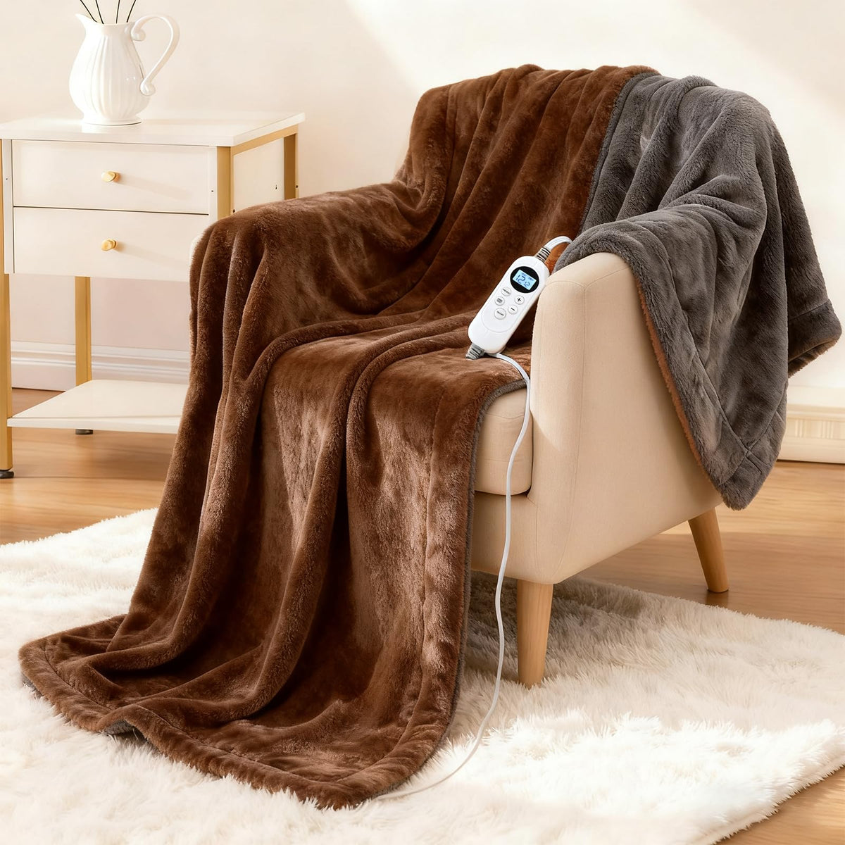 Eastsora electric heated blanket throw on bed for year-round warmth and comfort.