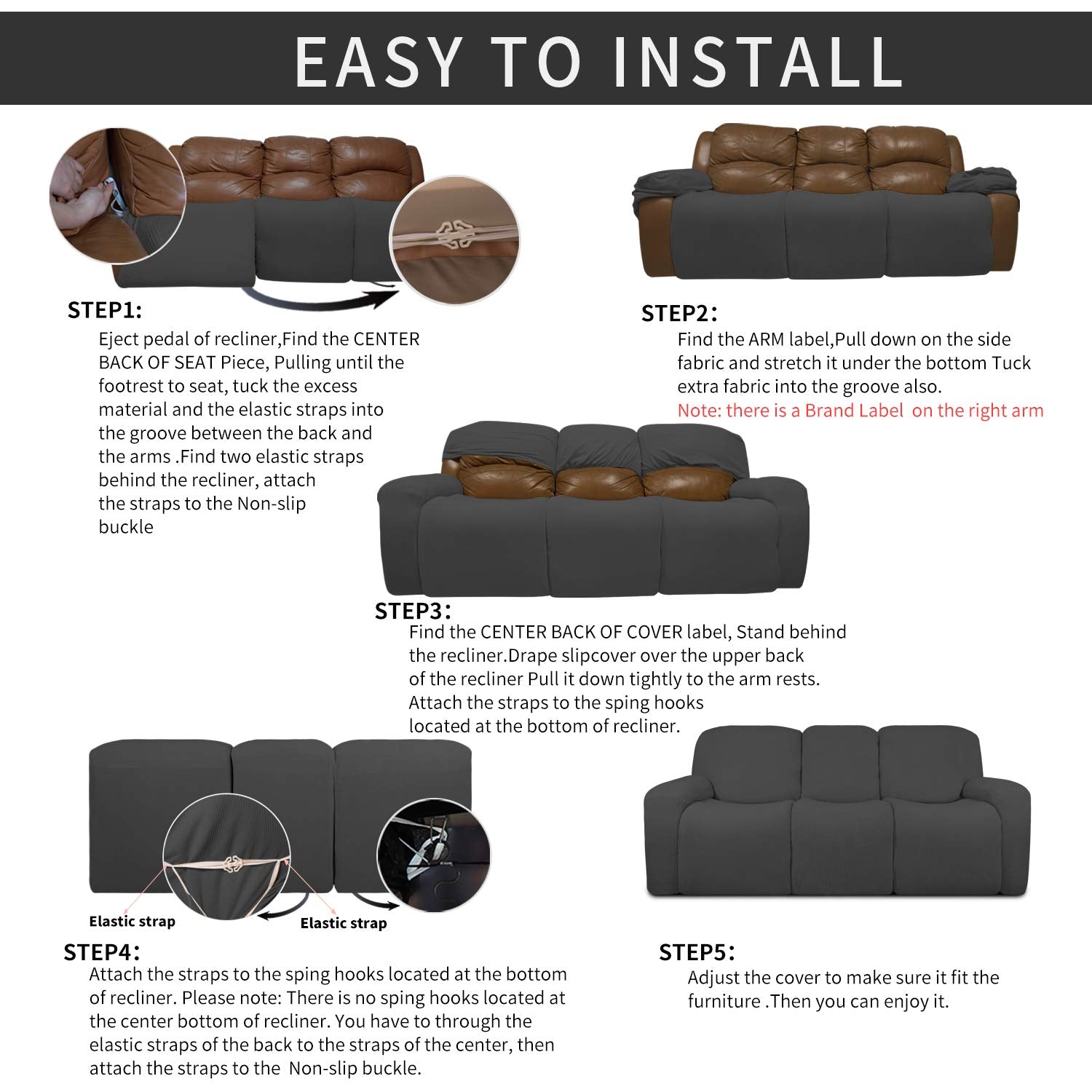 Easy-Going slipcover elastic straps secure cover behind recliner.