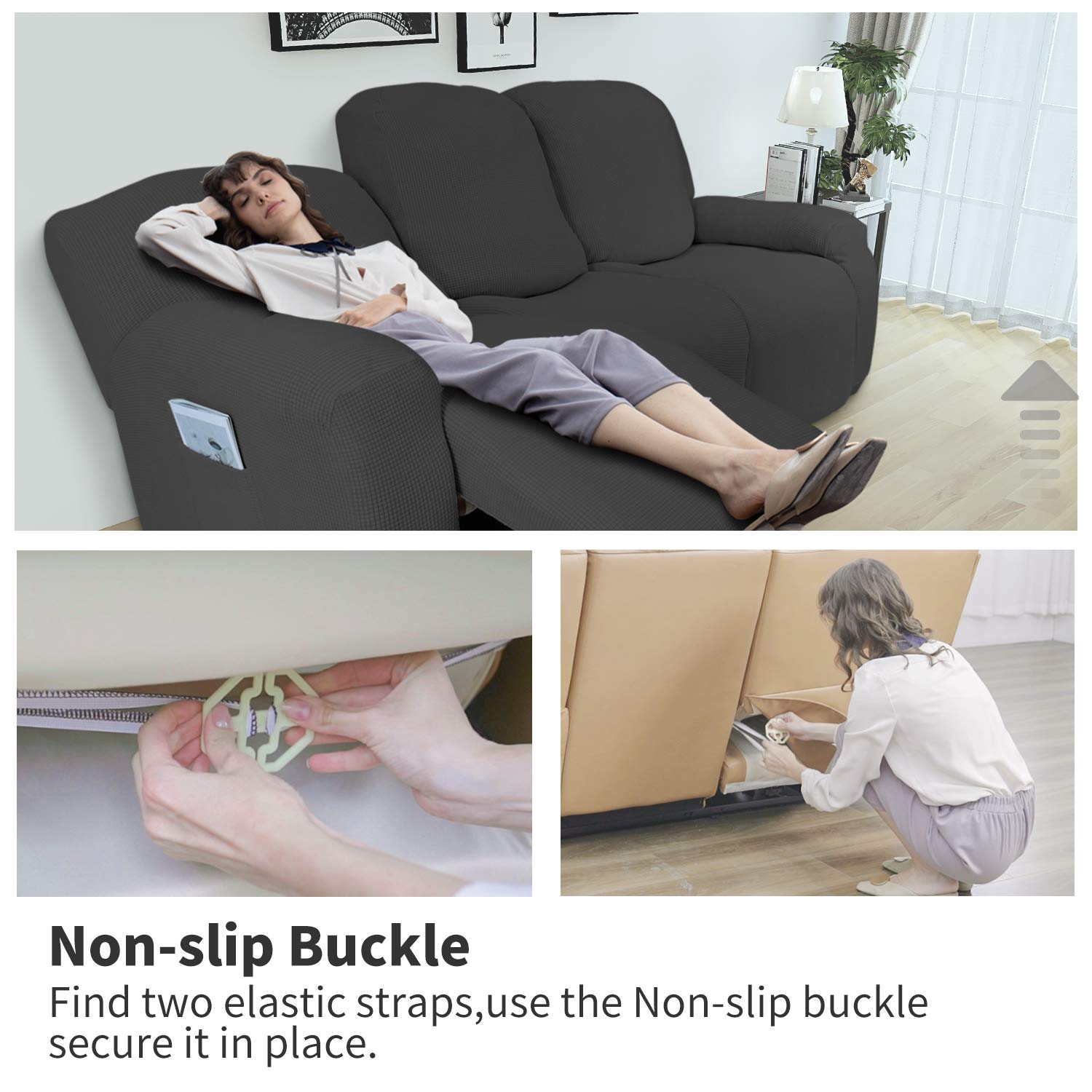 Easy-Going recliner slipcover with non-slip buckles stays in place.