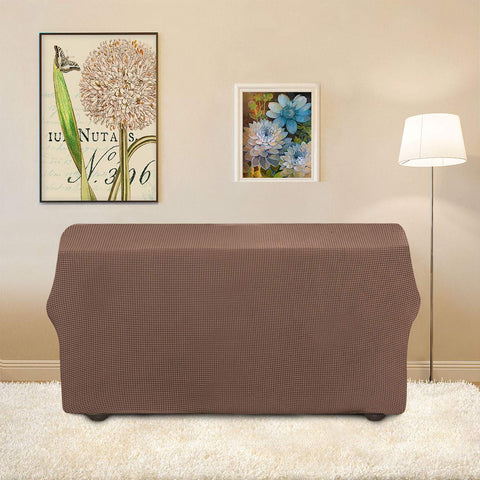 Easy-Going brown slipcover protects loveseat from daily wear and stains.