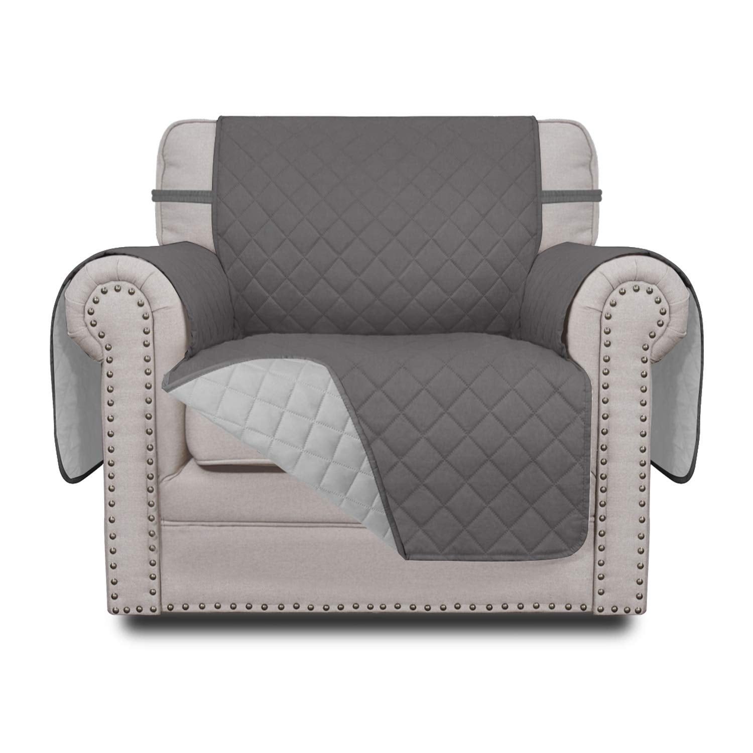 Easy-Going chair slipcover gray front view shows soft quilted protection.