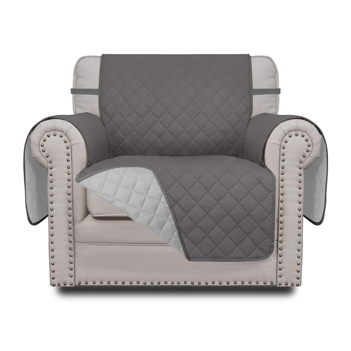 Easy-Going chair slipcover gray front view shows soft quilted protection.
