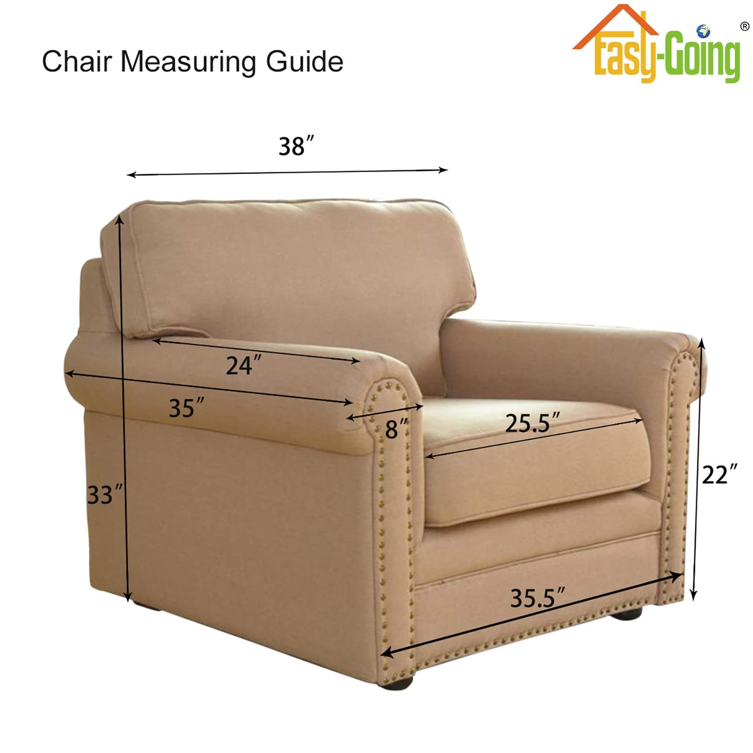 Easy-Going chair slipcover fits 25-34 inch seats for versatile coverage.