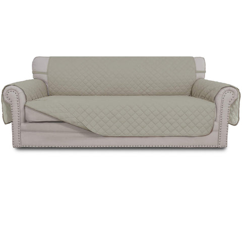 Easy-Going beige couch cover, top view, protects sofa from spills and stains.