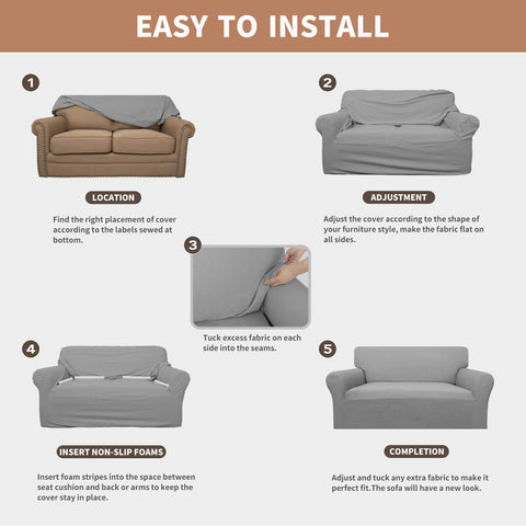 Easy-Going couch slipcover installation scene with foam strips included