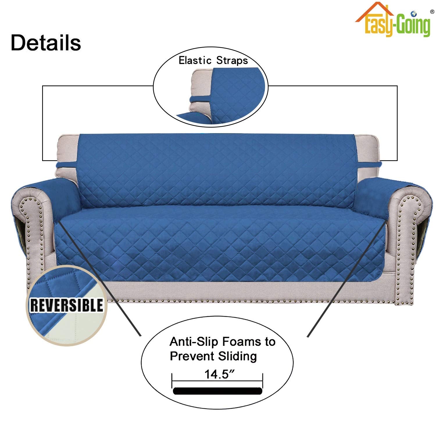 Easy-Going couch cover with elastic straps and foam pipes securing a snug fit.