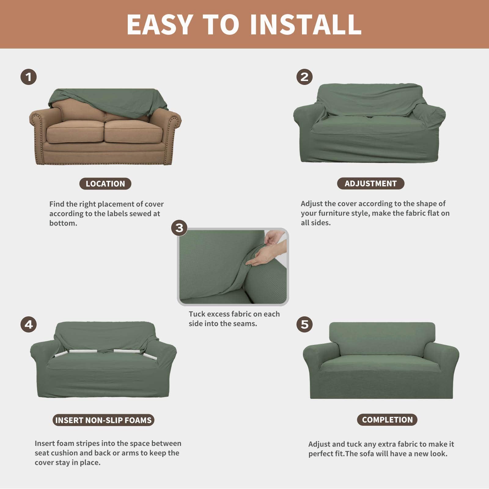 Easy-Going sofa cover with elastic bottom seals edges securely.