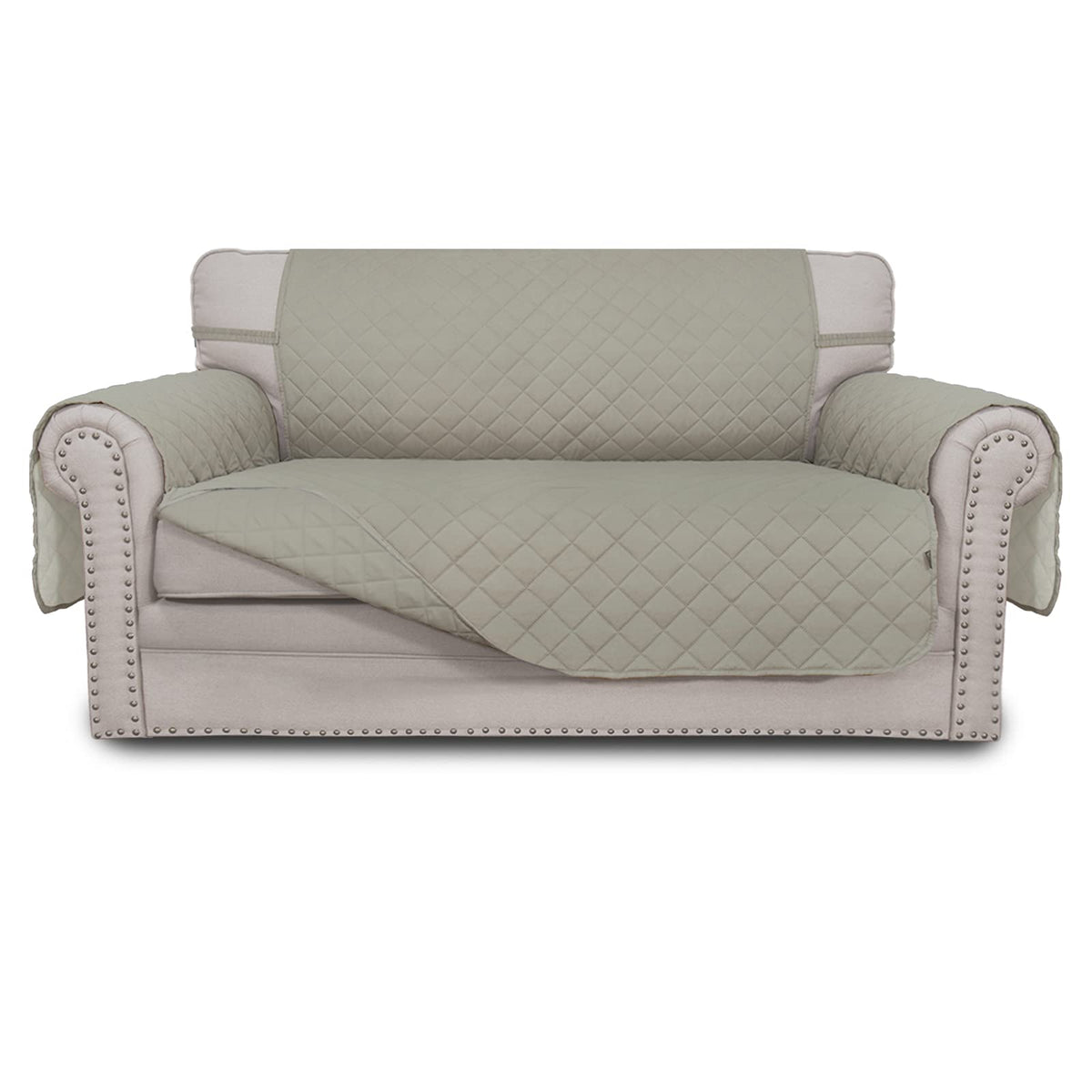 Easy-Going loveseat cover drapes over a beige sofa for a neat look