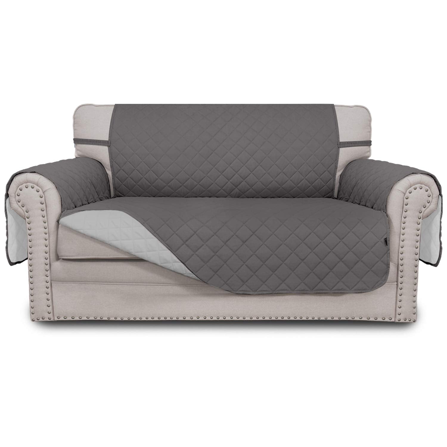 Easy-Going loveseat cover in gray quilted fabric protects furniture from pets