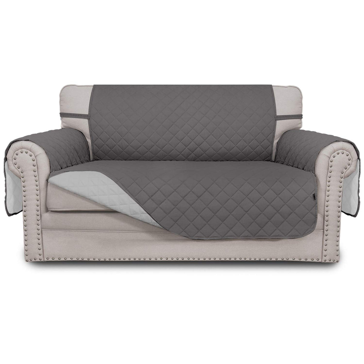 Easy-Going loveseat cover in gray quilted fabric protects furniture from pets