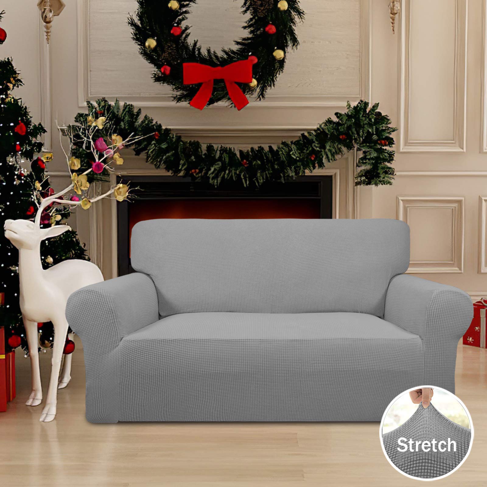 Easy-Going loveseat slipcover with elastic bottom anchors for secure fit.