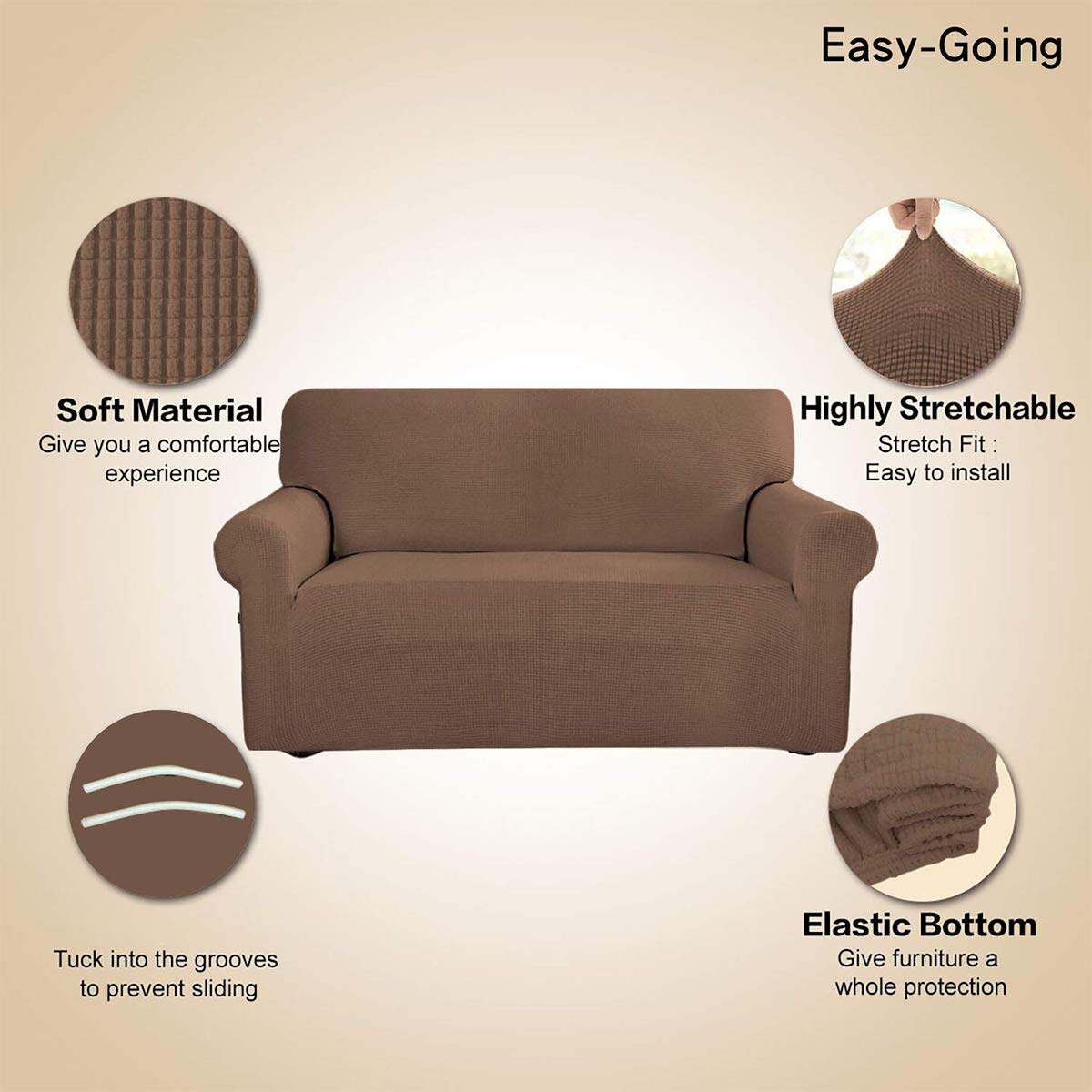 Easy-Going loveseat slipcover with non-slip foam anchors keeps it in place.