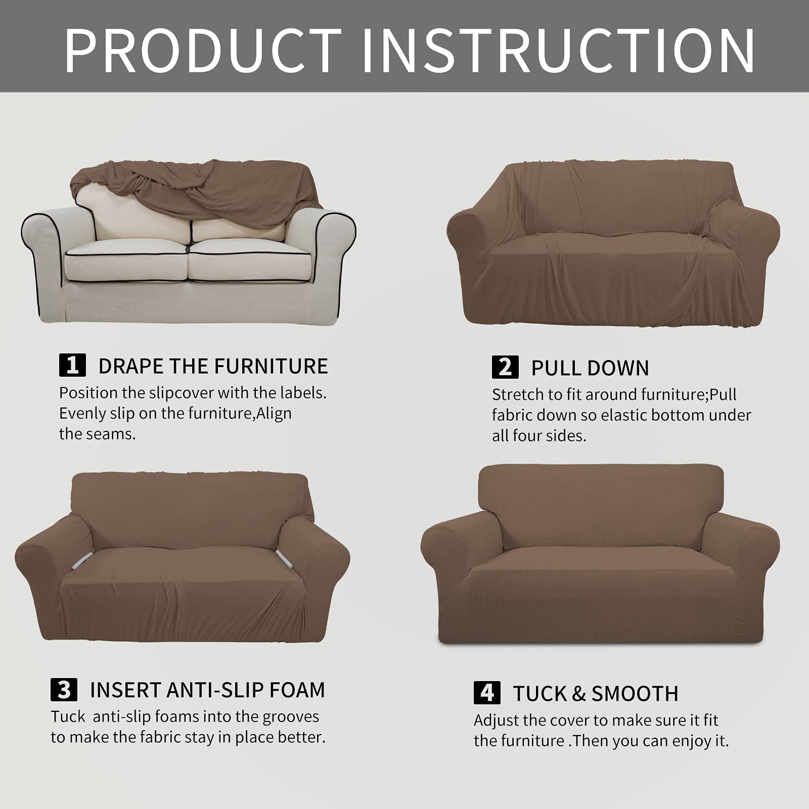 Easy-Going measuring guide ensures a proper fit for loveseats.