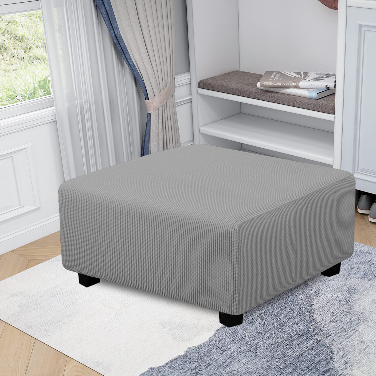 Easy-Going ottoman slipcover with elastic bottom fits rectangular storage stools securely.