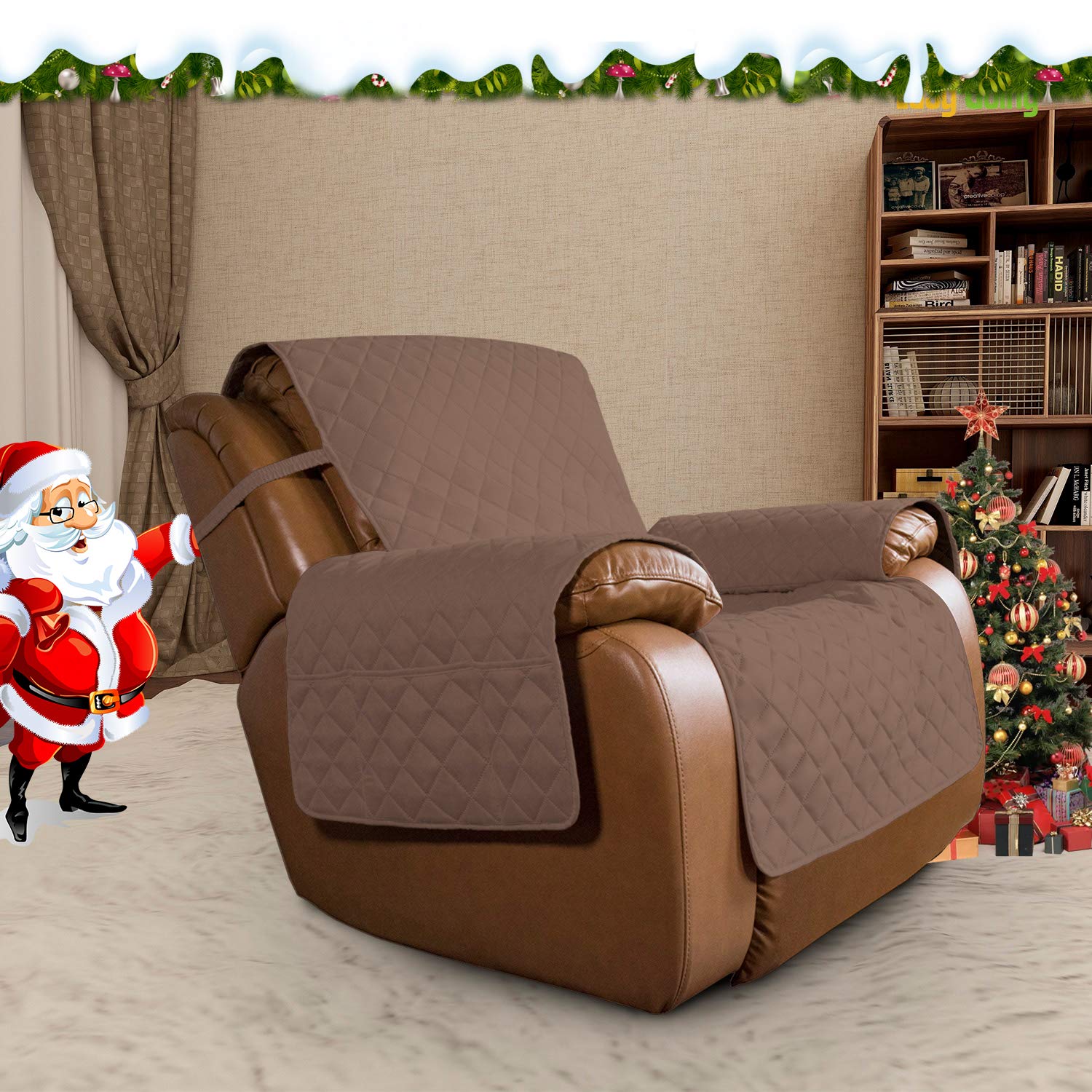 Easy-Going oversized recliner cover side view highlights anti-slip elastic straps