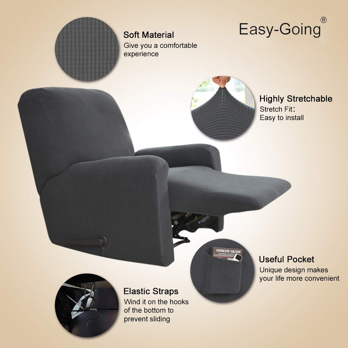 Center-back seat panel on Easy-Going recliner slipcover for secure, wrinkle-free look