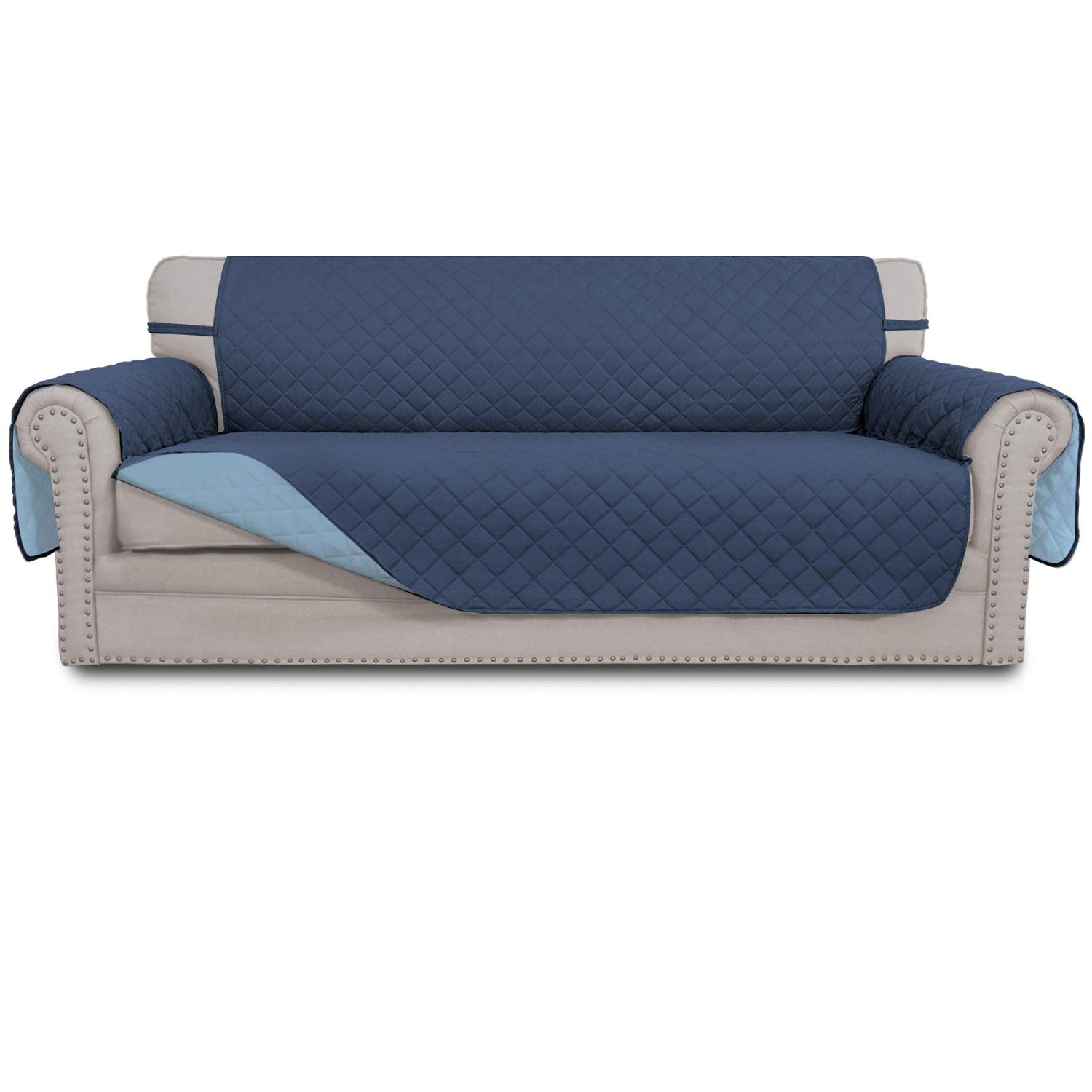 Easy-Going reversible couch cover in dark blue protects a 3-cushion sofa from spills.