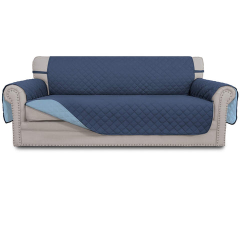 Easy-Going reversible couch cover in dark blue protects a 3-cushion sofa from spills.