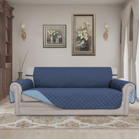 Easy-Going reversible couch cover in light blue offers versatile dual-color styling for any living room.