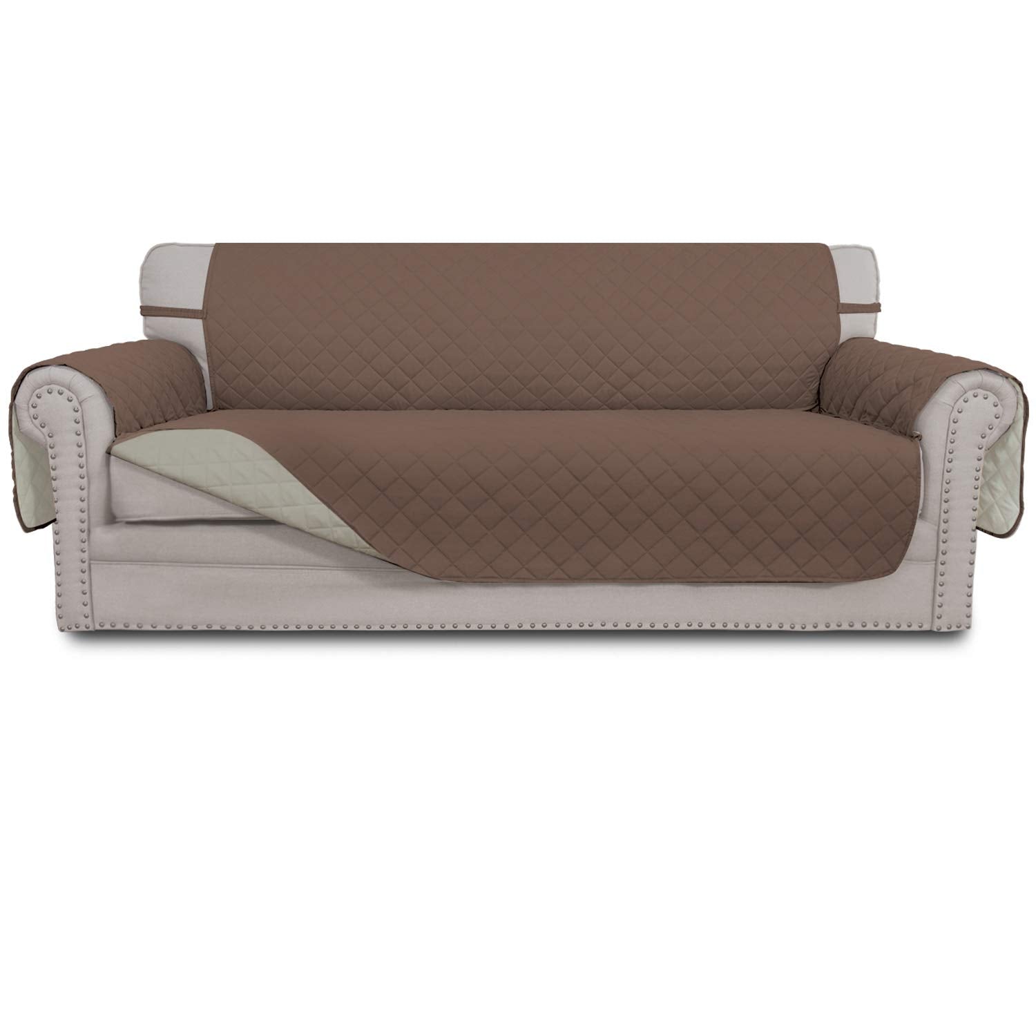 Easy-Going reversible couch cover in brown and beige protects the sofa while updating room style