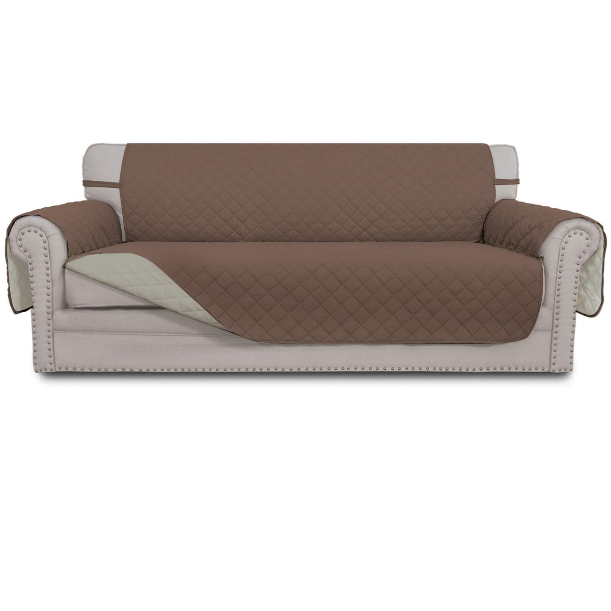 Easy-Going reversible couch cover in brown and beige protects the sofa while updating room style