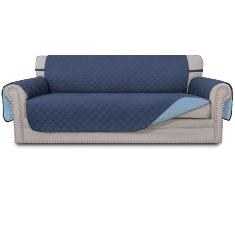 Easy-Going reversible couch cover in dark blue protects furniture from spills and pet messes.