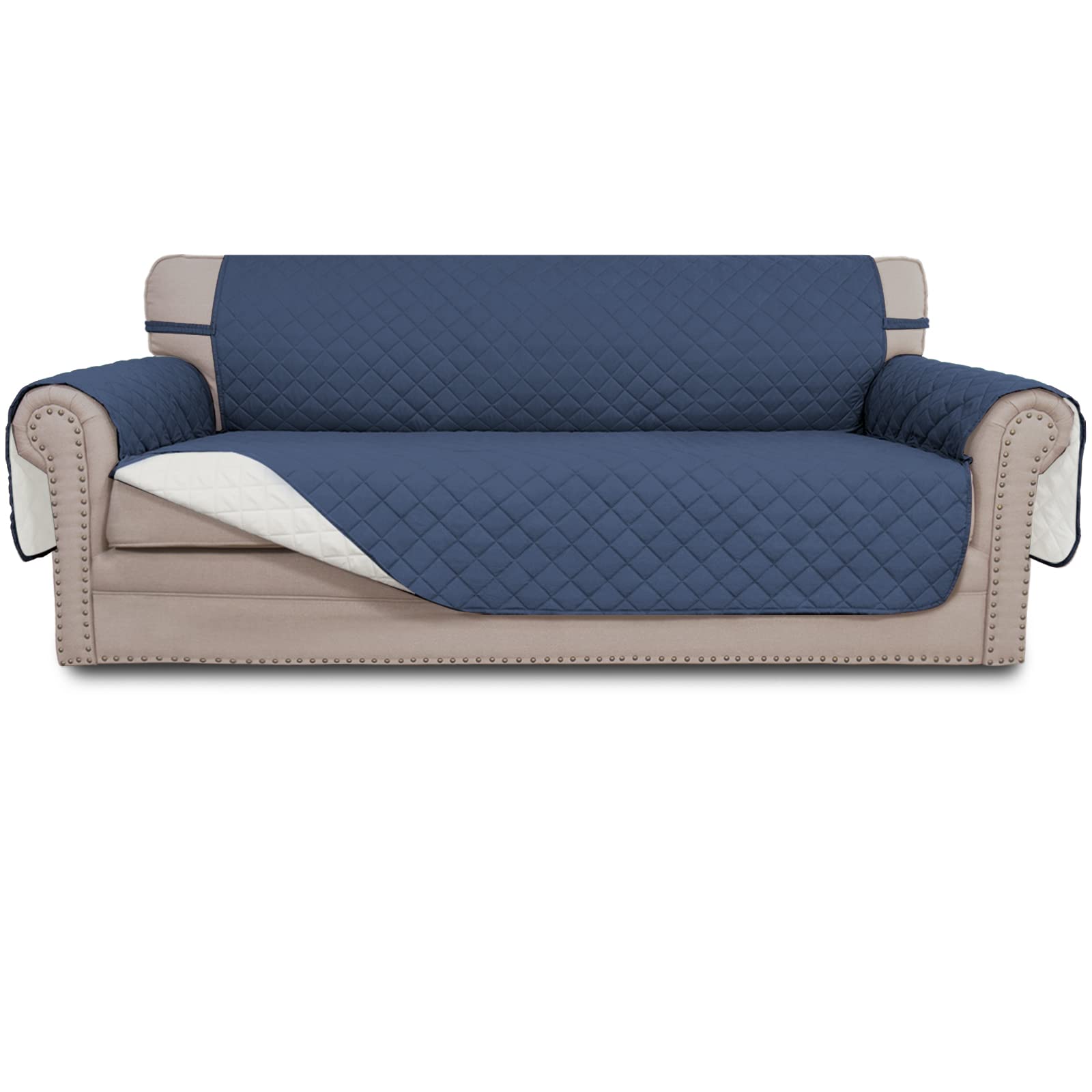 Easy-Going reversible couch cover in dark blue showing two-color option and flexible protection.