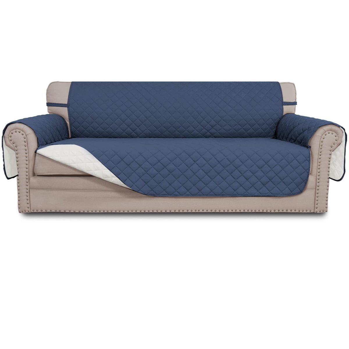Easy-Going reversible couch cover in dark blue showing two-color option and flexible protection.