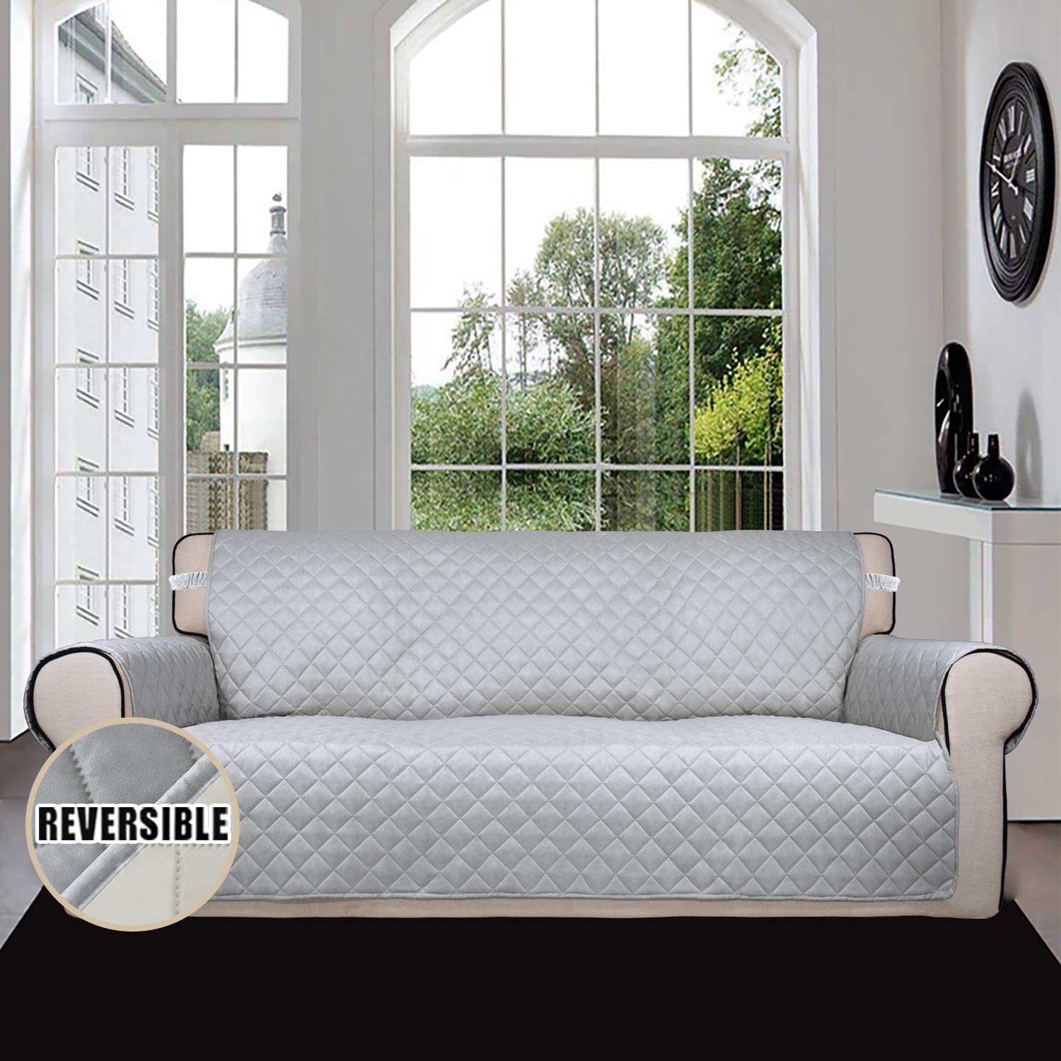 Easy-Going reversible couch cover with foam sticks prevents shifting.