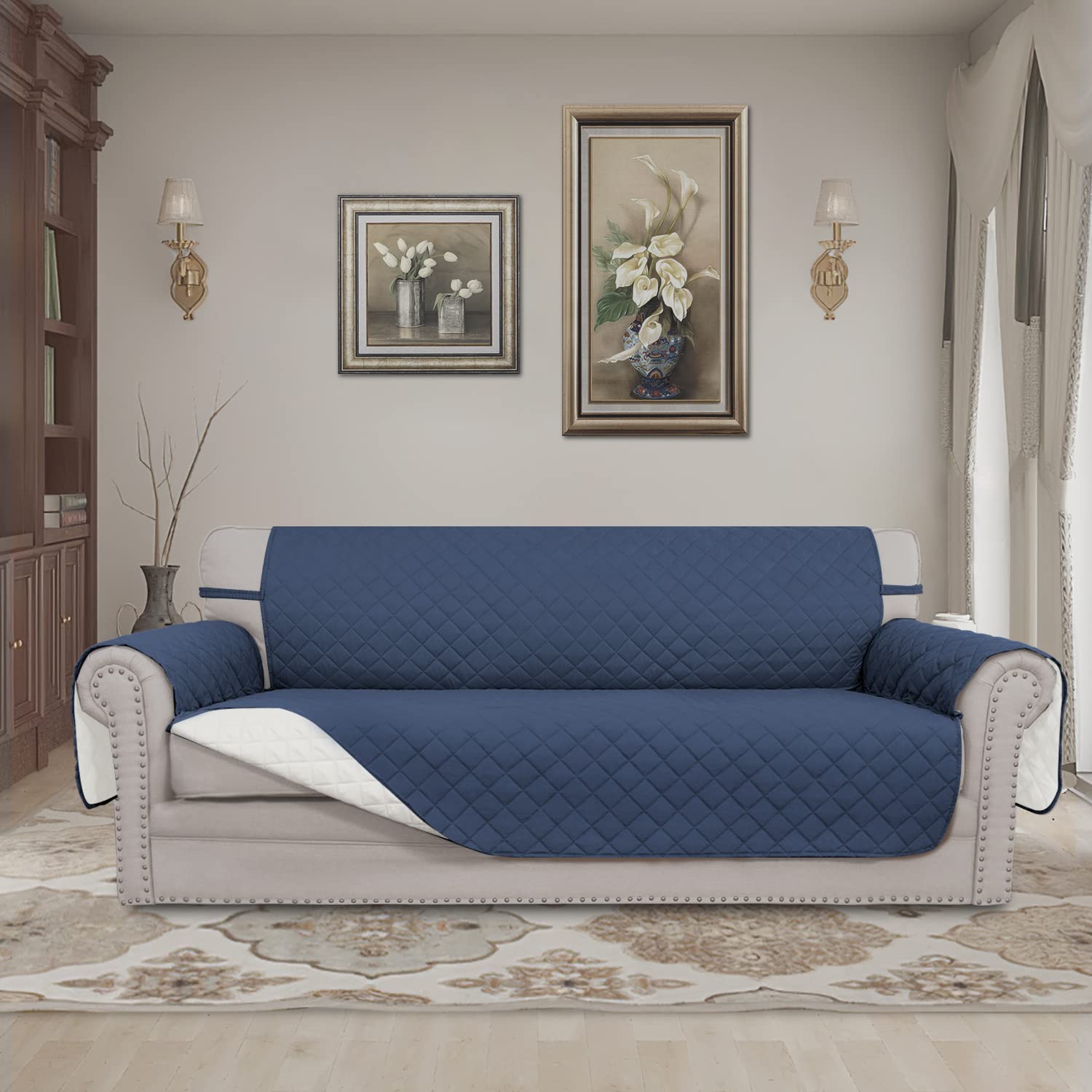 Easy-Going reversible couch cover in ivory illustrating light-clean look and spill protection.